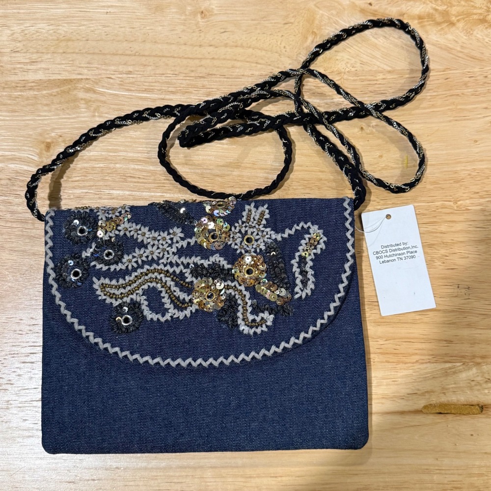 CBOCS Blue Denim Beaded Floral Crossbody Bag Sequins Boho Braided Strap NEW